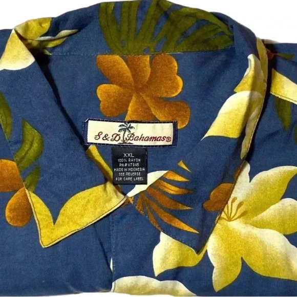 S&D Bahamas Hawaiian Shirt Mens 2XL Blue Yellow Floral Button Up Short Sleeves - Picture 5 of 7